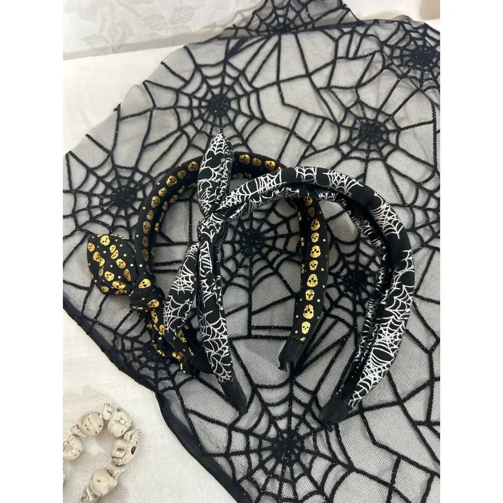 Spookie Set Skulls Spiderwebs Headband Bracelet Pouch Bag Goth Halloween